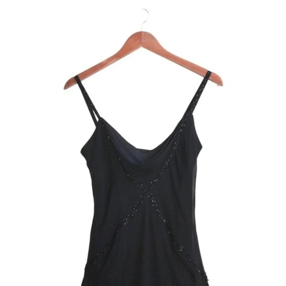 VTG 90's Y2K Black Beaded Silk Sleeveless Mesh Asymmetrical Cocktail Maxi Dress - Picture 4 of 7